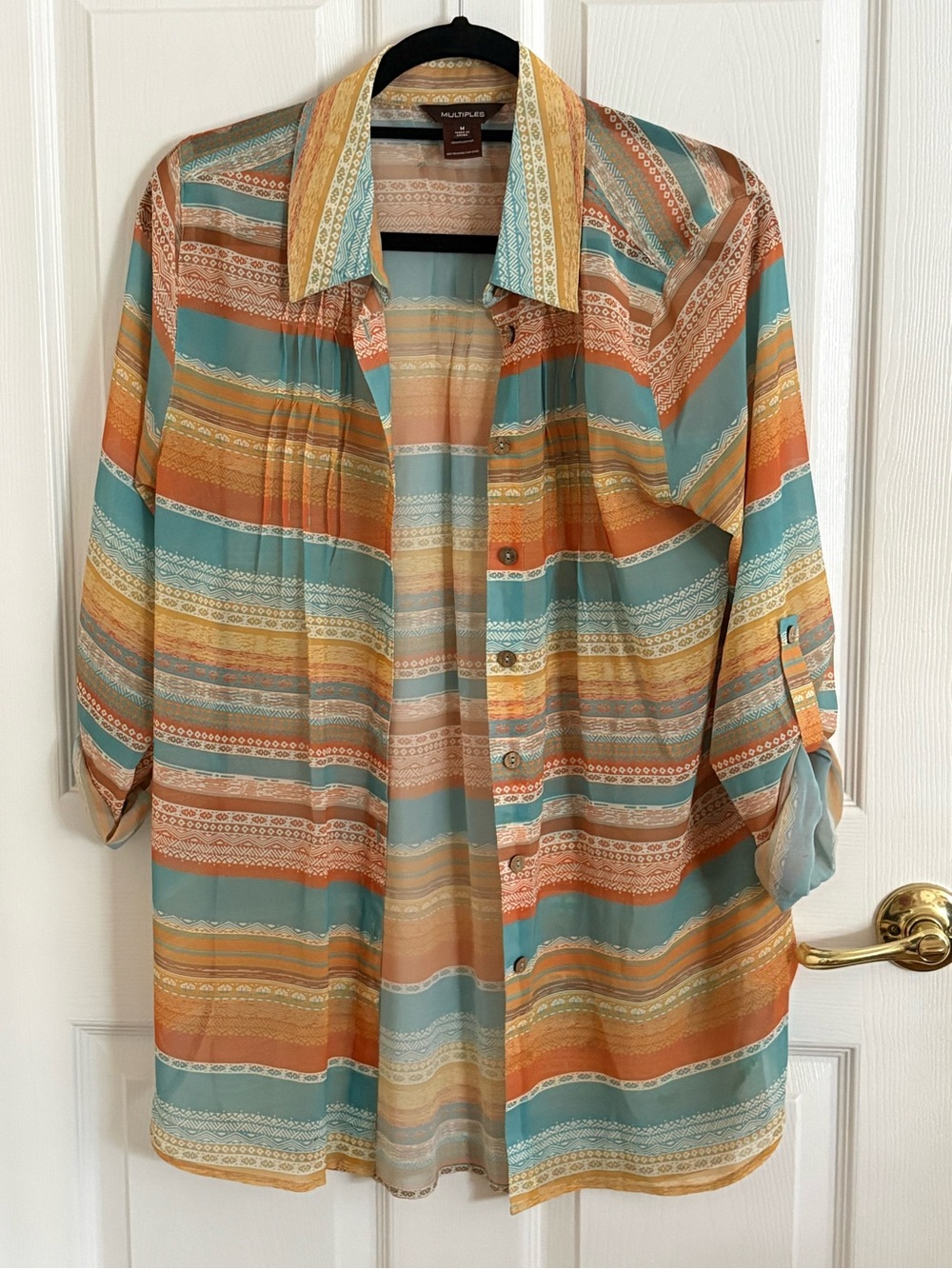 Multiples Striped Button-Up Shirt in Teal, Orange & Cream